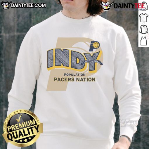 Alt Text: Official Indiana Pacers Stadium Essentials Greetings Sweatshirt featuring team logo and vibrant colors for fans.
