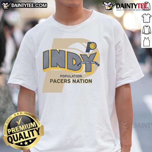 Official Indiana Pacers Stadium Essentials Greetings T-Shirt featuring team colors and logo, perfect for fans and game day.