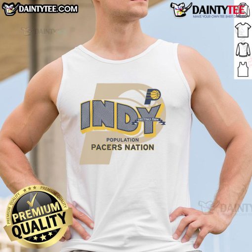 Official Indiana Pacers Stadium Essentials Greetings Tank Top featuring team colors and logo, perfect for game day attire.
