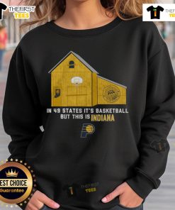 Official Indiana Pacers Stadium Essentials sweatshirt displayed on a hanger, showcasing team colors and logo.