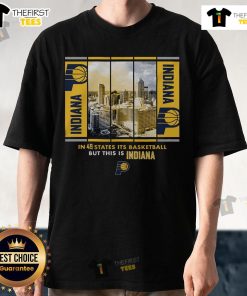Alt Text: Official Indiana Pacers Stadium Essentials Skyline Boxout T-Shirt featuring team colors and logo, perfect for fans.