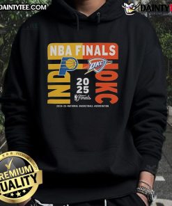 Official Indiana Pacers vs Oklahoma City Thunder 2025 NBA Finals match-up hoodie featuring team logos and vibrant colors.