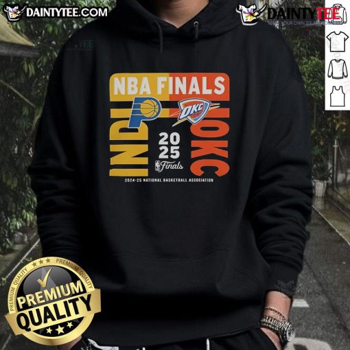 Official Indiana Pacers vs Oklahoma City Thunder 2025 NBA Finals match-up hoodie featuring team logos and vibrant colors.
