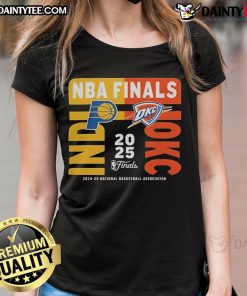 Official Indiana Pacers vs Oklahoma City Thunder 2025 NBA Finals Match-Up Ladies Tee featuring team logos and vibrant design.