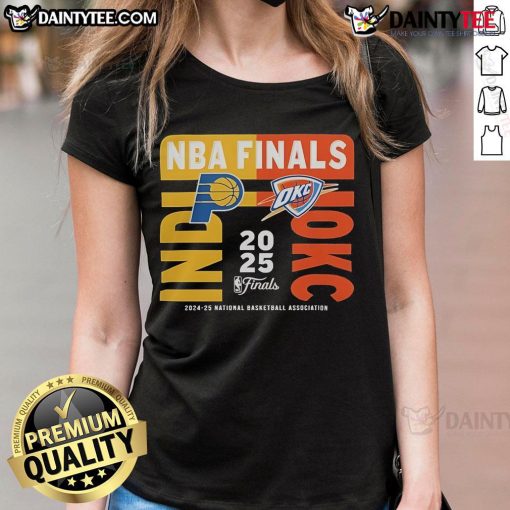 Official Indiana Pacers vs Oklahoma City Thunder 2025 NBA Finals Match-Up Ladies Tee featuring team logos and vibrant design.
