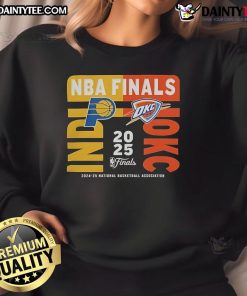 Official Indiana Pacers vs Oklahoma City Thunder 2025 NBA Finals match-up sweatshirt featuring team logos and vibrant colors.