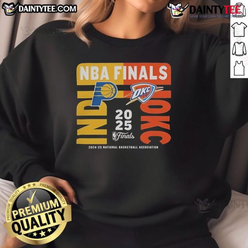 Official Indiana Pacers vs Oklahoma City Thunder 2025 NBA Finals match-up sweatshirt featuring team logos and vibrant colors.