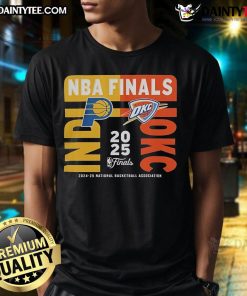Official Indiana Pacers vs Oklahoma City Thunder 2025 NBA Finals match-up T-shirt featuring team logos and vibrant colors.