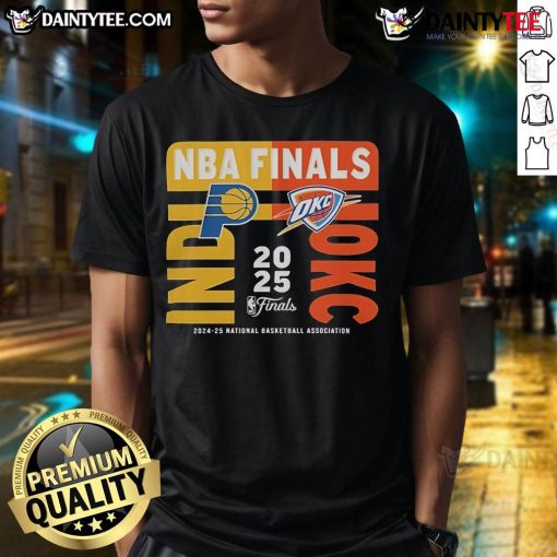 Official Indiana Pacers vs Oklahoma City Thunder 2025 NBA Finals match-up T-shirt featuring team logos and vibrant colors.