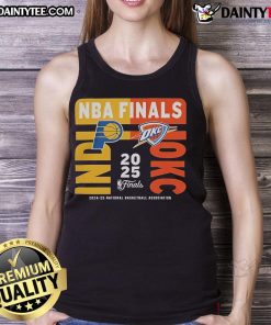 Official Indiana Pacers vs Oklahoma City Thunder 2025 NBA Finals match-up tank top featuring team logos and vibrant colors.