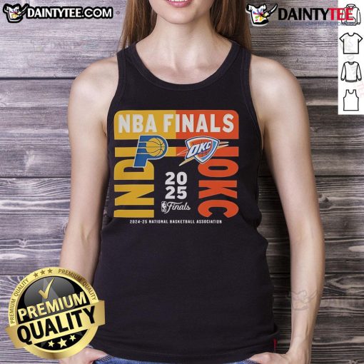 Official Indiana Pacers vs Oklahoma City Thunder 2025 NBA Finals match-up tank top featuring team logos and vibrant colors.