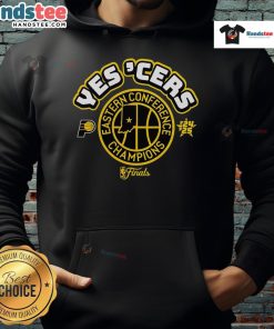 Alt Text: Official Indiana Pacers Yes Cers Eastern Conference Champions 2025 Hoodie in blue and gold, perfect for fans.
