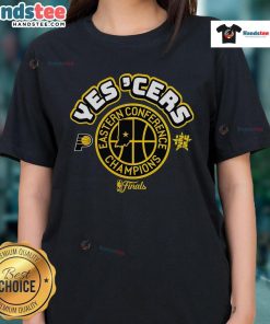 Official Indiana Pacers Yes 'Cers Eastern Conference Champions 2025 Ladies Tee showcasing team pride and style.