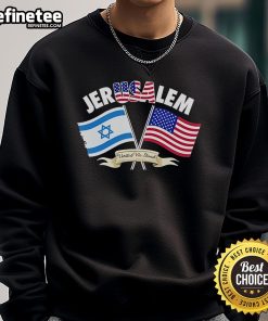 Official Jerusalem United We Stand sweatshirt featuring the Israeli and American flags, perfect for patriotic supporters.