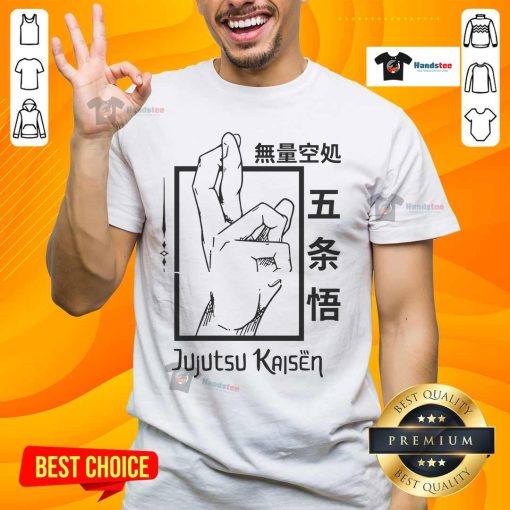 Alt Text: Official Jujutsu Kaisen Hand Gesture T-Shirt featuring iconic anime design and vibrant colors for fans.