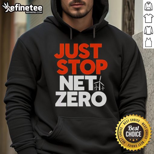 Official Just Stop Net Zero 25 Hoodie featuring bold text design on a stylish black background for climate activism.