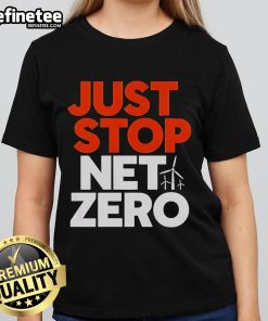 Official Just Stop Net Zero 25 Ladies Tee featuring a stylish design, perfect for eco-conscious fashion enthusiasts.