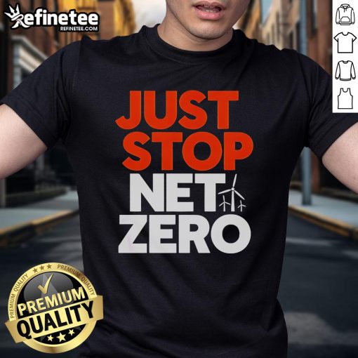 Official Just Stop Net Zero '25 T-Shirt featuring bold graphics and eco-awareness message for climate activism.