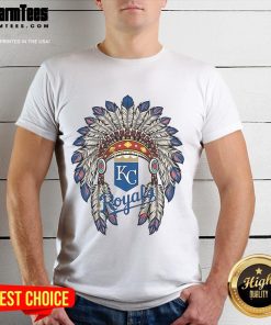 Alt Text: Official Kansas City Royals Native American logo t-shirt featuring a vibrant design and team colors for fans.