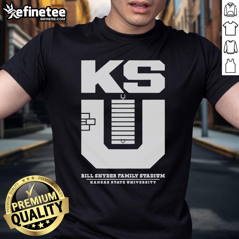 Official Kansas State Football Stadium Ksu Monogram T Shirt Alt Text: Official Kansas State Football Stadium KSU monogram t-shirt displayed on a hanger, featuring vibrant team colors and logo.