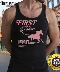 Alt Text: Kelsea Ballerini wearing the 'First Rodeo - I Rode Off Into The Sunset' tank top, showcasing a stylish country look.