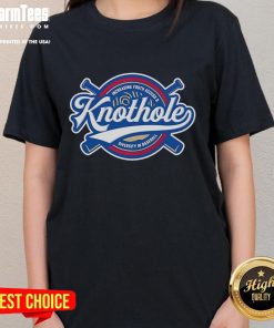 Official Knothole logo on a ladies tee promoting youth access and diversity in baseball.