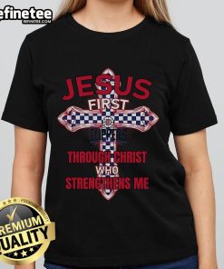 Official LA Clippers ladies tee featuring 'Jesus First Through Christ Who Strengthens Me' design in team colors.