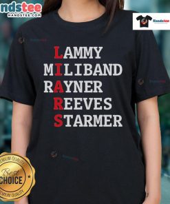 Alt Text: Official Lammy Miliband Rayner Reeves Starmer Ladies Tee featuring vibrant design and political motifs.