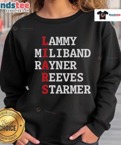 Official Lammy Miliband Rayner Reeves Starmer sweatshirt featuring bold political graphics and vibrant colors.
