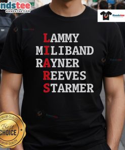 Official Lammy Miliband Rayner Reeves Starmer T-Shirt featuring prominent Labour Party leaders in vibrant design.