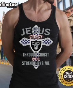 Official Las Vegas Raiders tank top featuring 'Jesus First Through Christ Who Strengthens Me' design for fans.
