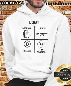 Official LGBT Latinas hoodie featuring gun and Bitcoin tax evasion graphic, perfect for bold fashion statements.