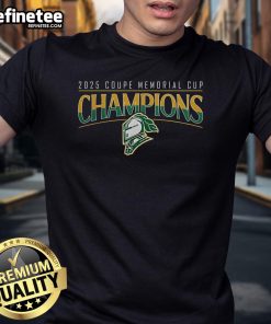 Alt Text: Official London Knights Champions Memorial Cup 2025 T-Shirt featuring team logo and celebratory design in green and white.