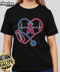 Official Los Angeles Angels Caring Hearts tee featuring a nurse, stethoscope, and heartbeat design for ladies.
