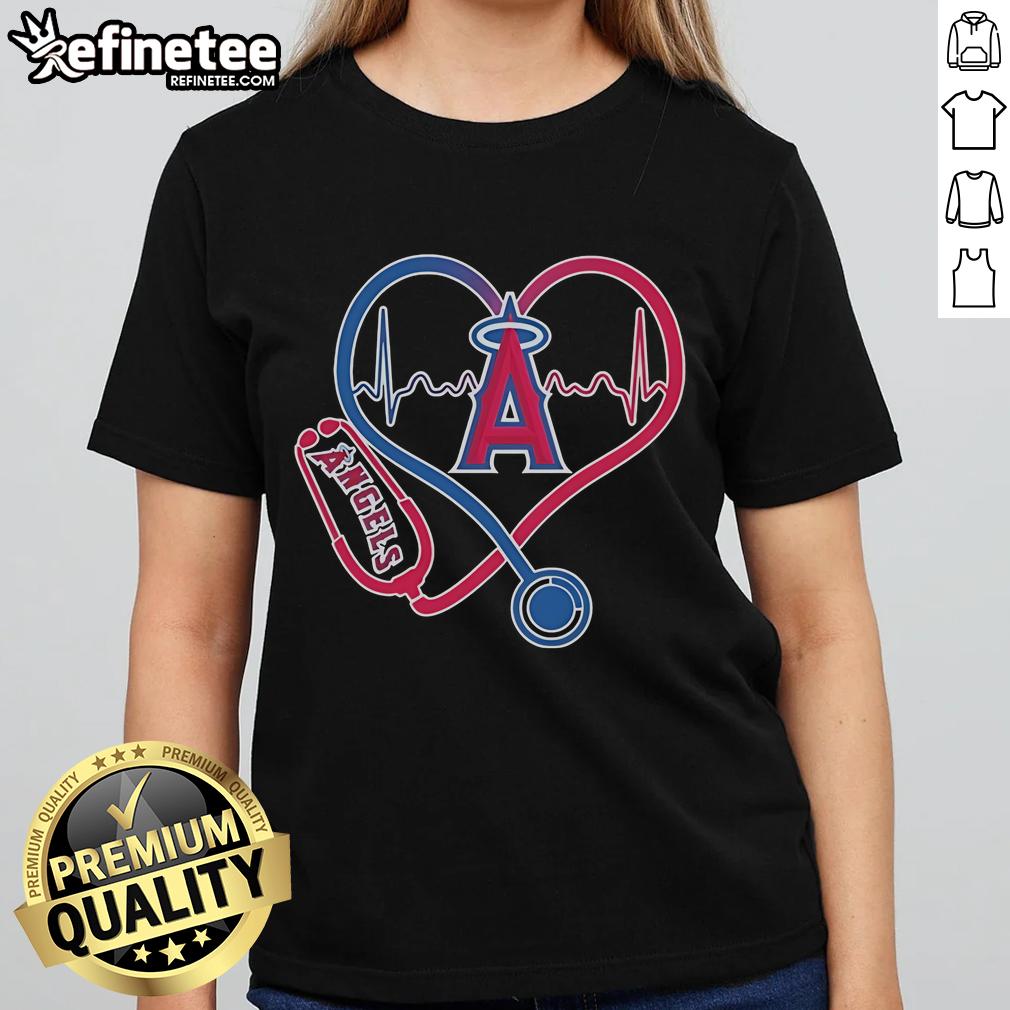 Official Los Angeles Angels Caring Hearts Nurse Stethoscope Heartbeat Ladies-Tee Official Los Angeles Angels Caring Hearts tee featuring a nurse, stethoscope, and heartbeat design for ladies.