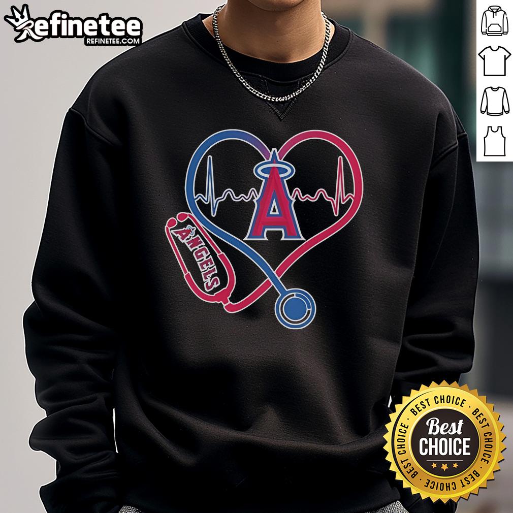 Official Los Angeles Angels Caring Hearts Nurse Stethoscope Heartbeat Sweatshirt Alt Text: Official Los Angeles Angels Caring Hearts sweatshirt featuring a nurse, stethoscope, and heartbeat design.