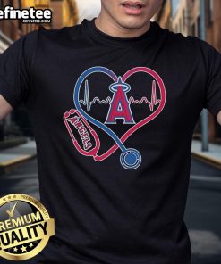 Official Los Angeles Angels Caring Hearts Nurse T-Shirt featuring a stethoscope and heartbeat design, perfect for fans.