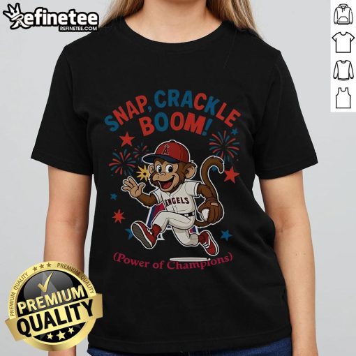 Official Los Angeles Angels Snap Crackle Boom Independence Day Ladies Tee showcasing vibrant team colors and festive design.