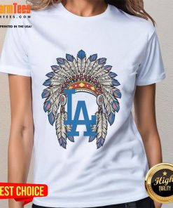 Official Los Angeles Dodgers Native American logo ladies tee featuring vibrant team colors and stylish design.