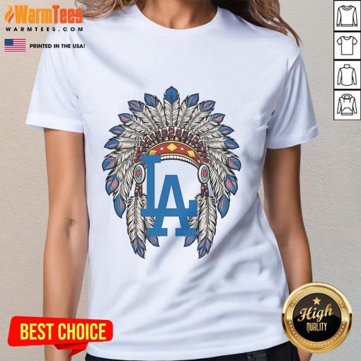 Official Los Angeles Dodgers Native American logo ladies tee featuring vibrant team colors and stylish design.