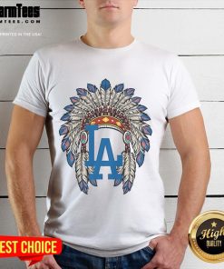 Official Los Angeles Dodgers Native American logo T-shirt featuring unique design and vibrant colors, perfect for fans.