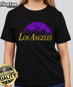 Official Los Angeles Lakers cityscape skyline style 2025 ladies tee featuring vibrant team colors and stylish design.