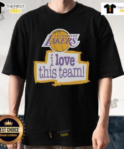 Alt Text: Official Los Angeles Lakers Hardwood Classics I Love This Team T-Shirt featuring team colors and logo design.