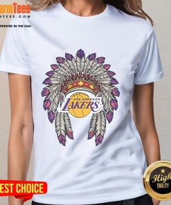 Official Los Angeles Lakers Native American logo ladies tee featuring vibrant colors and stylish design for fans.