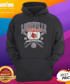 Official Louisville Cardinals College World Series 2025 baseball hoodie in red with logo, perfect for fans.