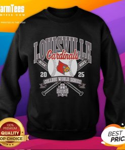 Official Louisville Cardinals College World Series 2025 baseball sweatshirt featuring team logo and vibrant colors.