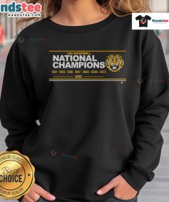 Official LSU Baseball 8x National Champions sign sweatshirt showcasing team pride and championship history.