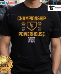 Official LSU Baseball Championship Powerhouse 2025 T-Shirt featuring bold graphics and team colors for fans.