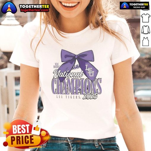 Official LSU Tigers 2025 NCAA Baseball Men's College World Series Champions Bow Ladies Tee in vibrant colors.