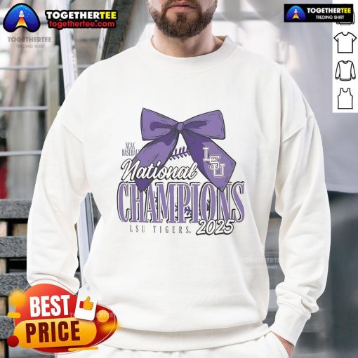 Official LSU Tigers 2025 NCAA Baseball Men's College World Series Champions Bow Sweatshirt in purple and gold.